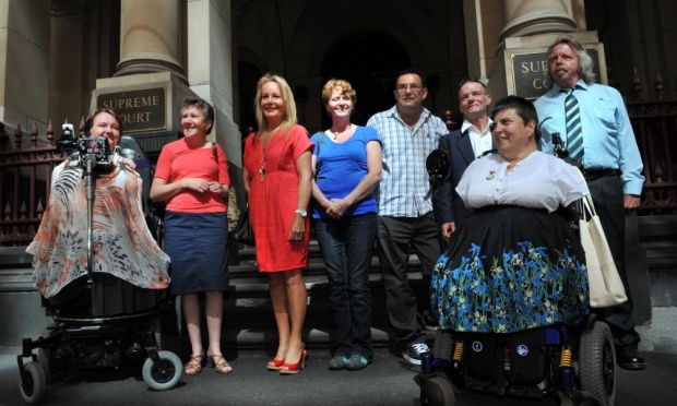 A group of Australian thalidomide compensation campaigners outside the Supreme Court in Melbourne