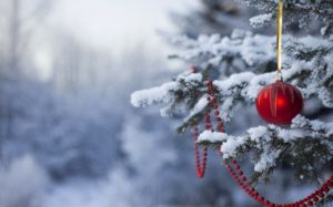Red Christmas bauble and beads on a pine tree outside in the snow
