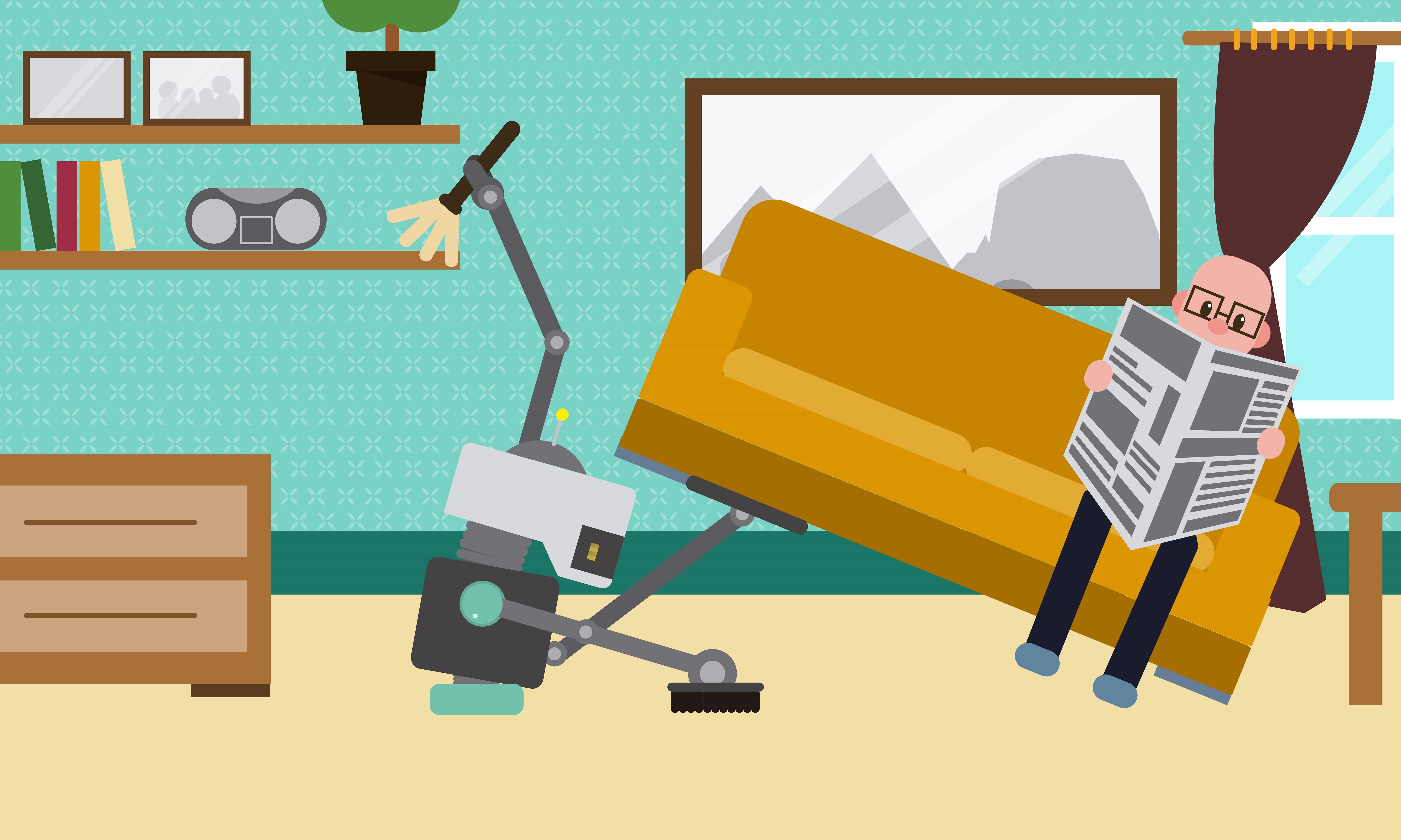 Illustration of a robot with 3 arms doing household cleaning while lifting the sofa up