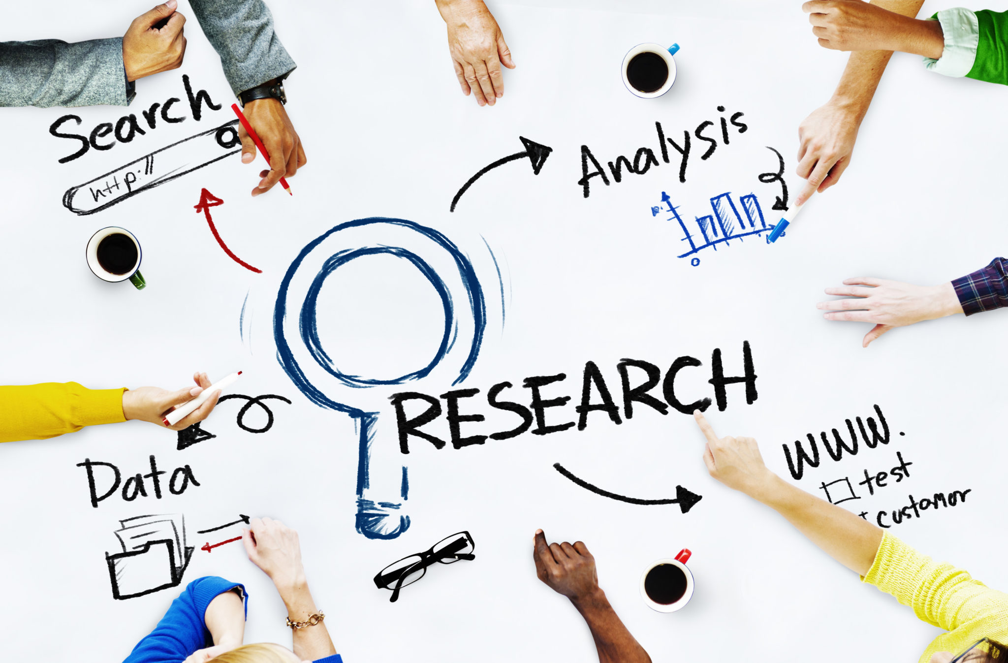 illustration showing the main components of research - data, search, analysis and testing