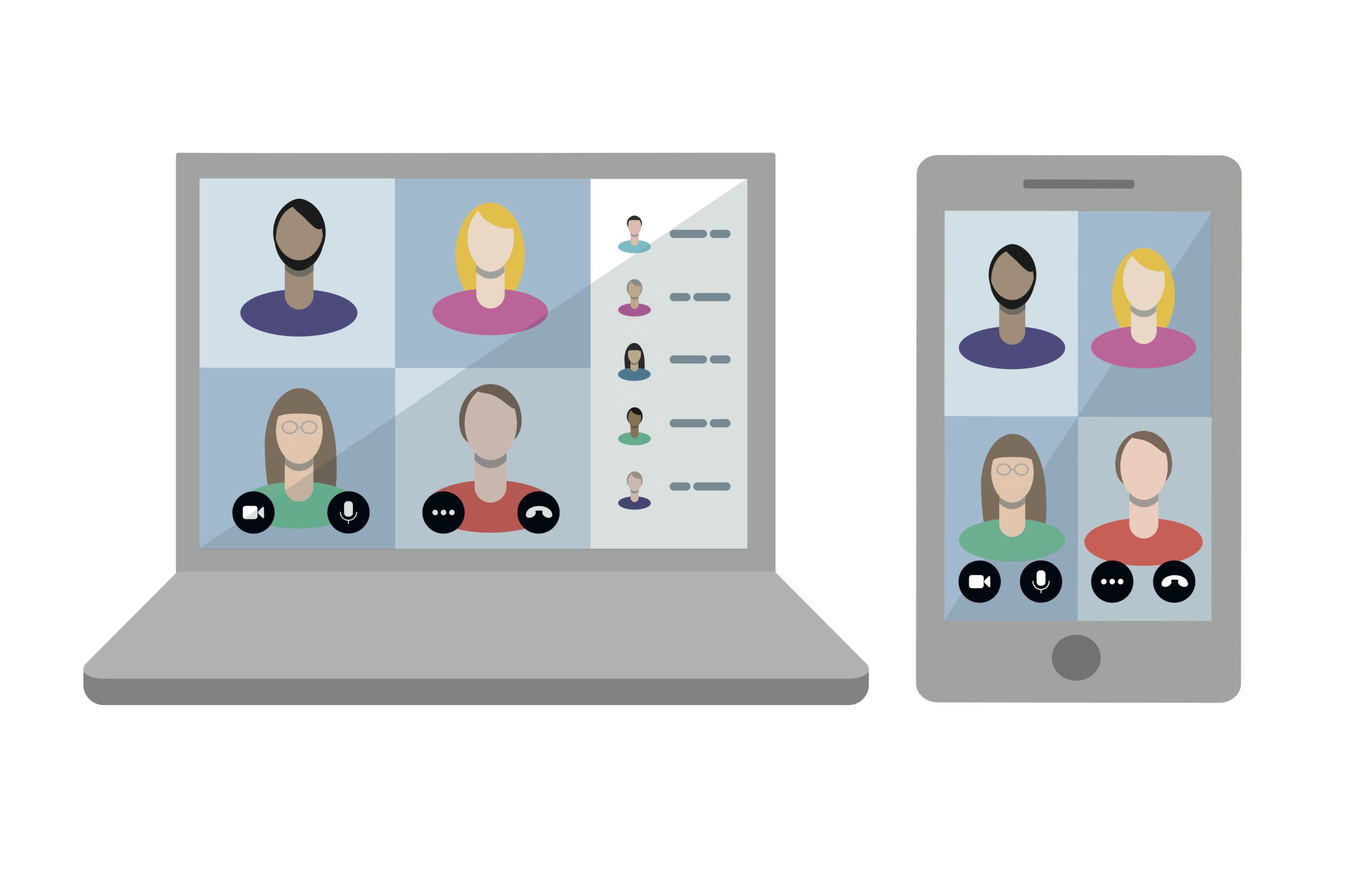 Laptop and mobile phone screen illustrations showing participants in an online meeting for flexible working