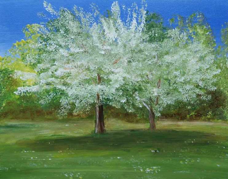 A painting of trees in full bloom which is used as The Bunker Facebook Group Home Page