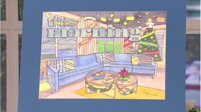 Painting of the set of This Morning TV show decorated for Christmas