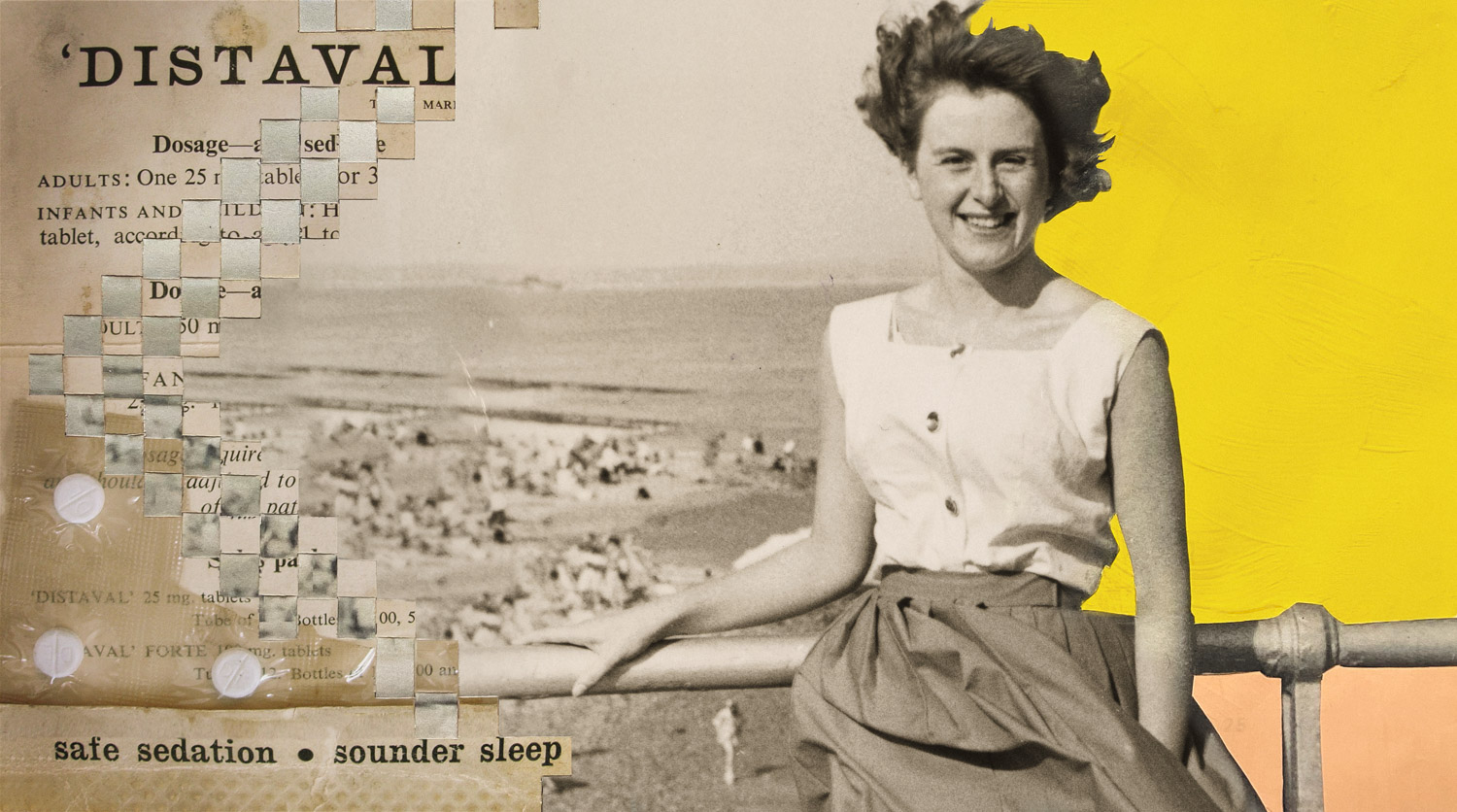 old advert for Distaval drug promoting 'safe sedation, sounder sleep' showing a smiling woman with a beach in the background
