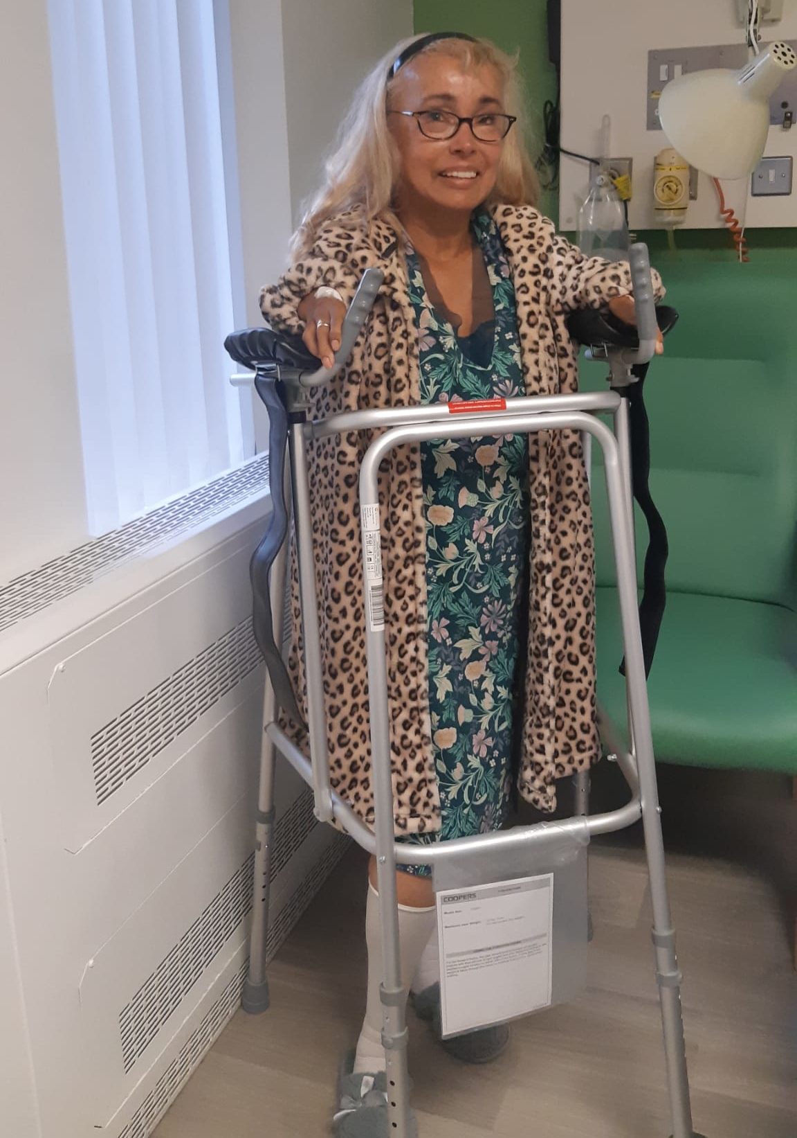 Lorraine with a specially modified walking frame for short arms