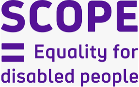 Scope charity logo including their aim 'Equality for disabled people'