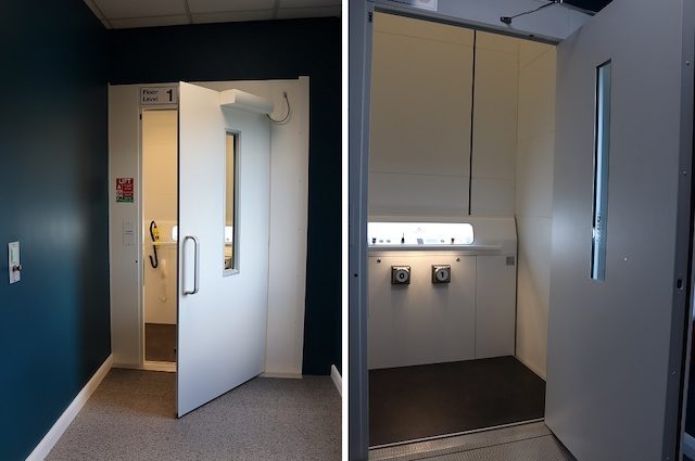 Two photos of an accessible lift showing the door opening automatically and the large internal space suitable for a person in a wheelchair