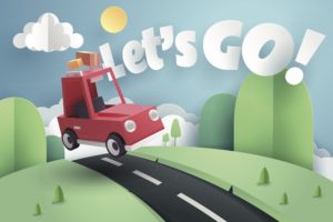 Illustration of a car with cases on the roof travelling along a road in the countryside, with the words Let's Go