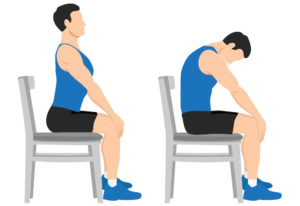 2 illustrations of a man sitting in a chair in different yoga poses to exercise his back