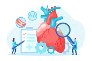 Illustration of a huge heart with a smaller person standing next to it holding a magnifying glass